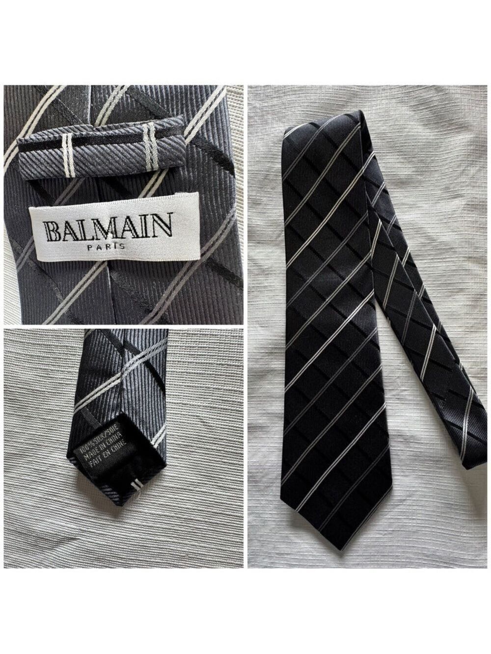 Balmain 100% Silk Elegant Black and Gray Striped Tie